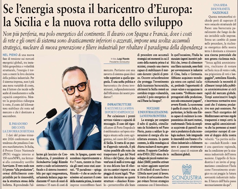 L`energia sposta il baricentro d’Europa: la Sicilia e la nuova rotta dello sviluppo - 24/04/2026